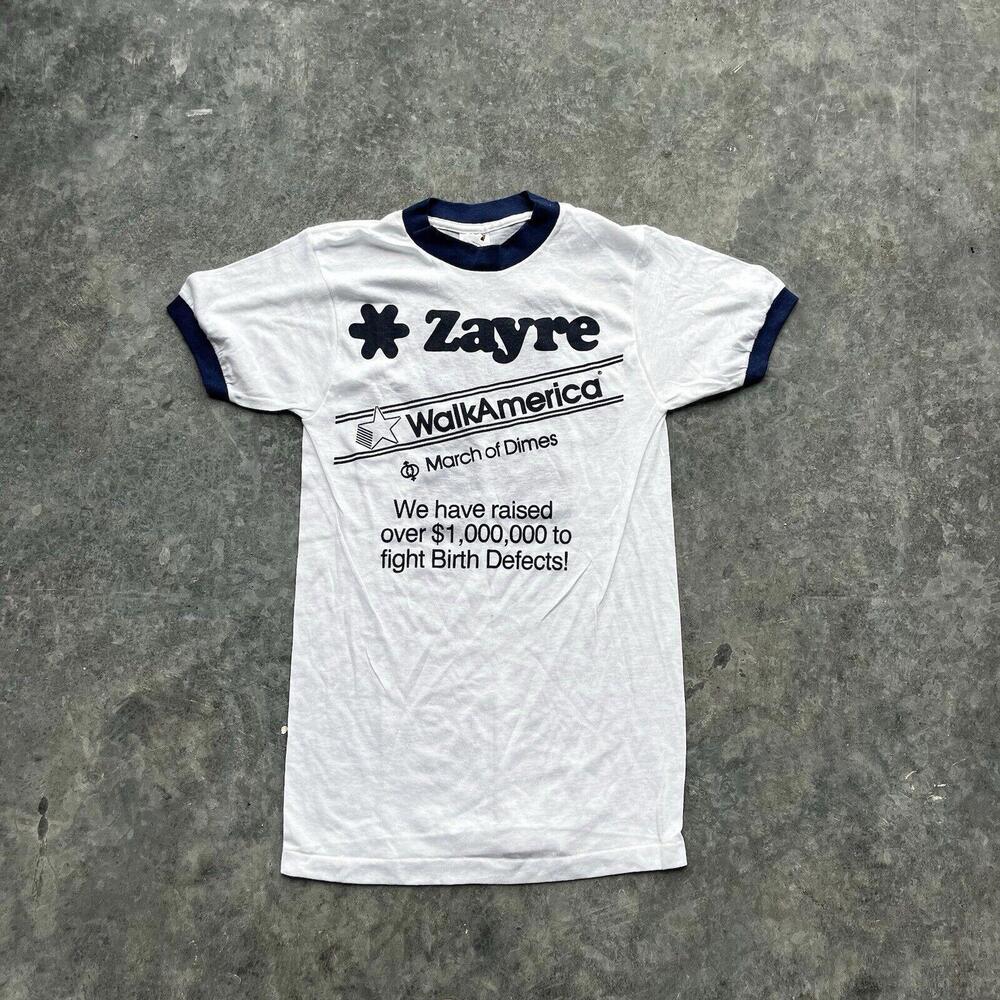 RARE Vintage 80s Walk America Zayre March of Dimes Tee Shirt Size Small Ringer